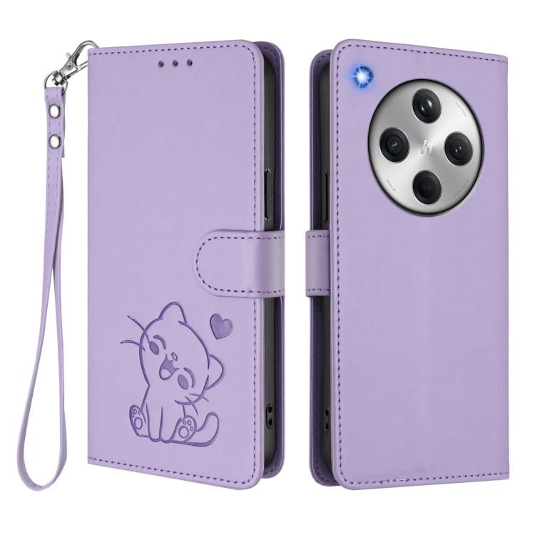 For OPPO Find X8 5G Embossed Heart Cat Leather Phone Case with Hand Strap