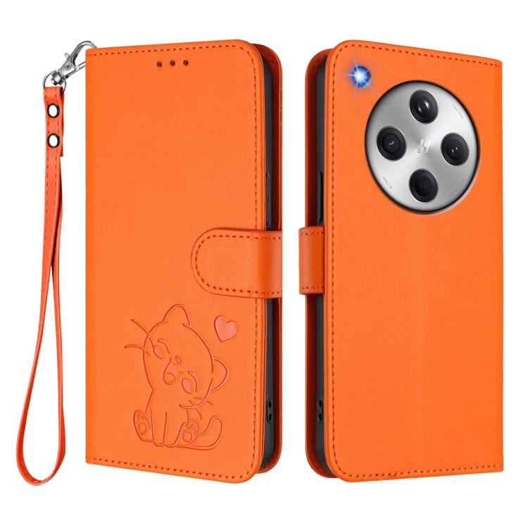 For OPPO Find X8 5G Embossed Heart Cat Leather Phone Case with Hand Strap