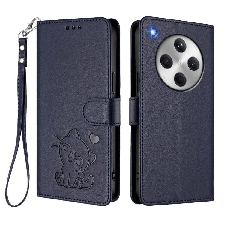 For OPPO Find X8 5G Embossed Heart Cat Leather Phone Case with Hand Strap