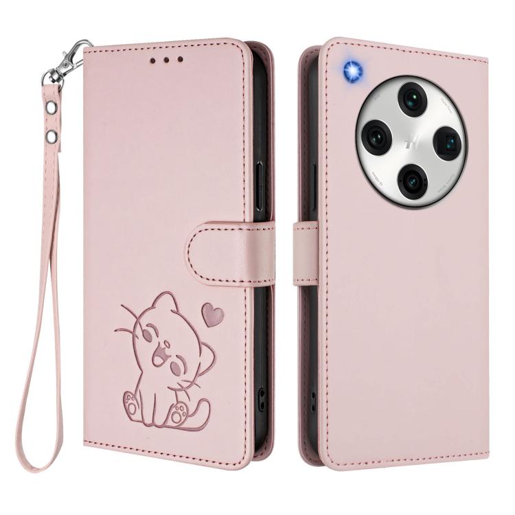 For OPPO Find X8 Pro 5G Embossed Heart Cat Leather Phone Case with Hand Strap