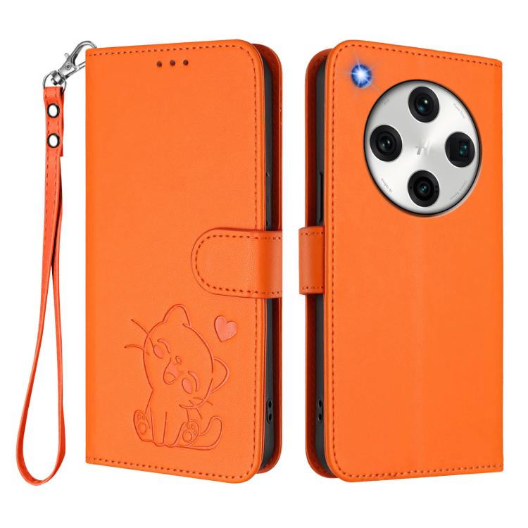 For OPPO Find X8 Pro 5G Embossed Heart Cat Leather Phone Case with Hand Strap