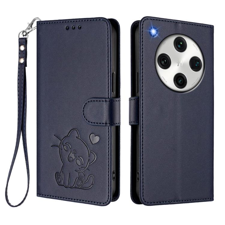 For OPPO Find X8 Pro 5G Embossed Heart Cat Leather Phone Case with Hand Strap