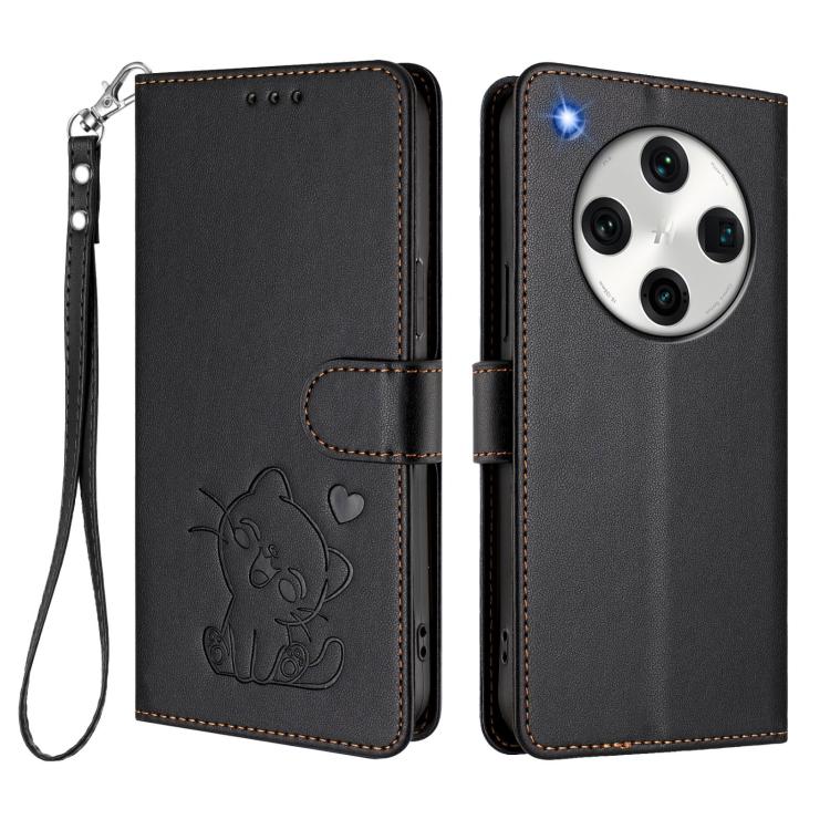 For OPPO Find X8 Pro 5G Embossed Heart Cat Leather Phone Case with Hand Strap