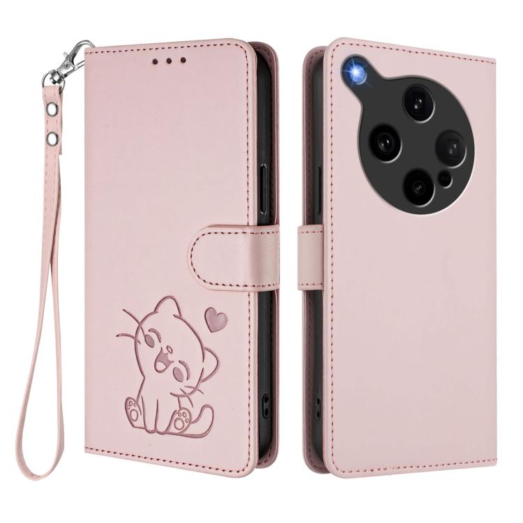 For OPPO Find X8 Ultra 5G Embossed Heart Cat Leather Phone Case with Hand Strap