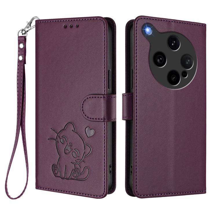 For OPPO Find X8 Ultra 5G Embossed Heart Cat Leather Phone Case with Hand Strap