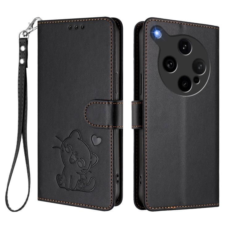 For OPPO Find X8 Ultra 5G Embossed Heart Cat Leather Phone Case with Hand Strap