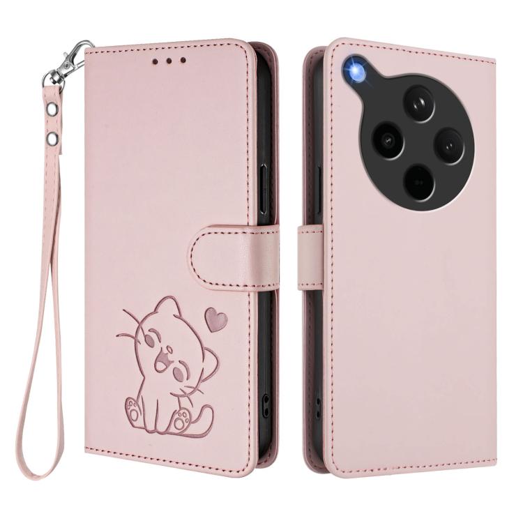 For OPPO Find X8s+ 5G Embossed Heart Cat Leather Phone Case with Hand Strap