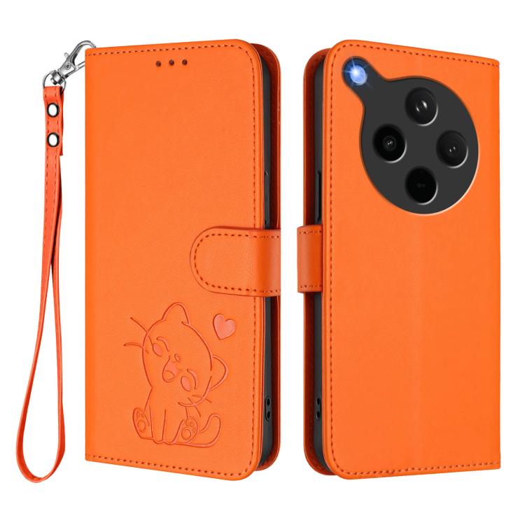 For OPPO Find X8s+ 5G Embossed Heart Cat Leather Phone Case with Hand Strap