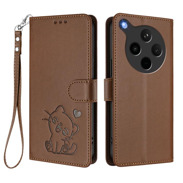 For OPPO Find X8s+ 5G Embossed Heart Cat Leather Phone Case with Hand Strap