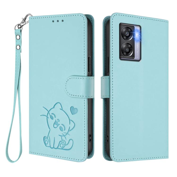 For OPPO K10 / A77 / A97 5G Global Embossed Heart Cat Leather Phone Case with Hand Strap