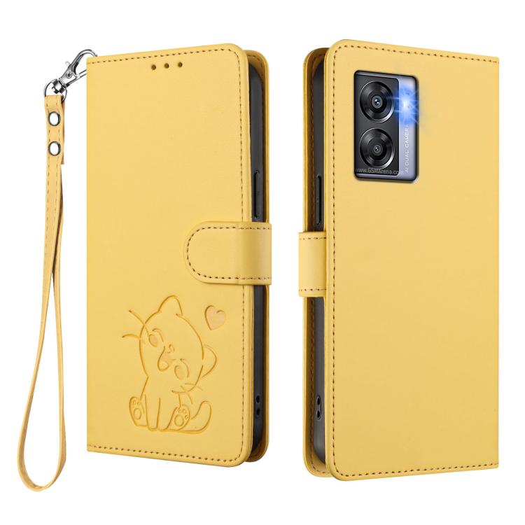 For OPPO K10 / A77 / A97 5G Global Embossed Heart Cat Leather Phone Case with Hand Strap