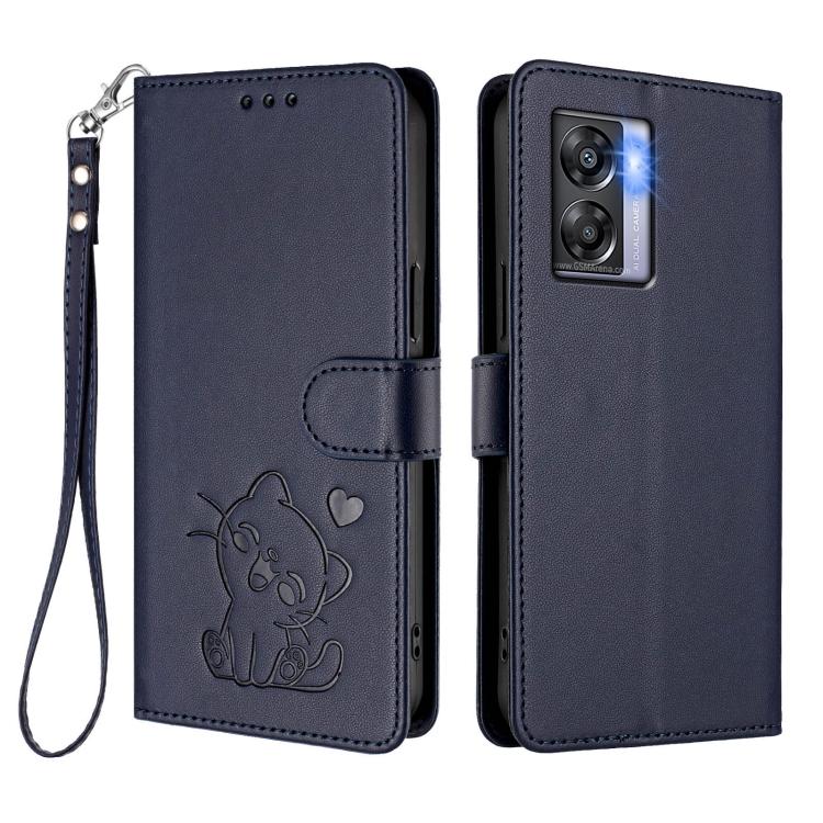 For OPPO K10 / A77 / A97 5G Global Embossed Heart Cat Leather Phone Case with Hand Strap
