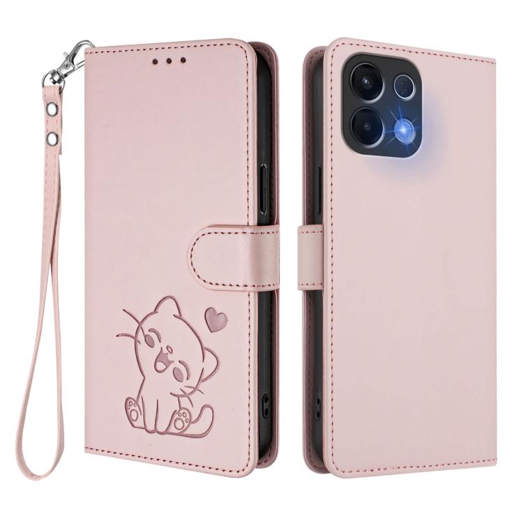 For OPPO K13 India Embossed Heart Cat Leather Phone Case with Hand Strap