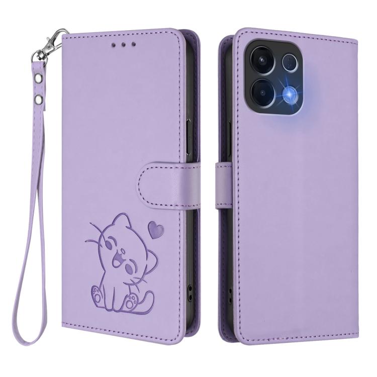 For OPPO K13 India Embossed Heart Cat Leather Phone Case with Hand Strap