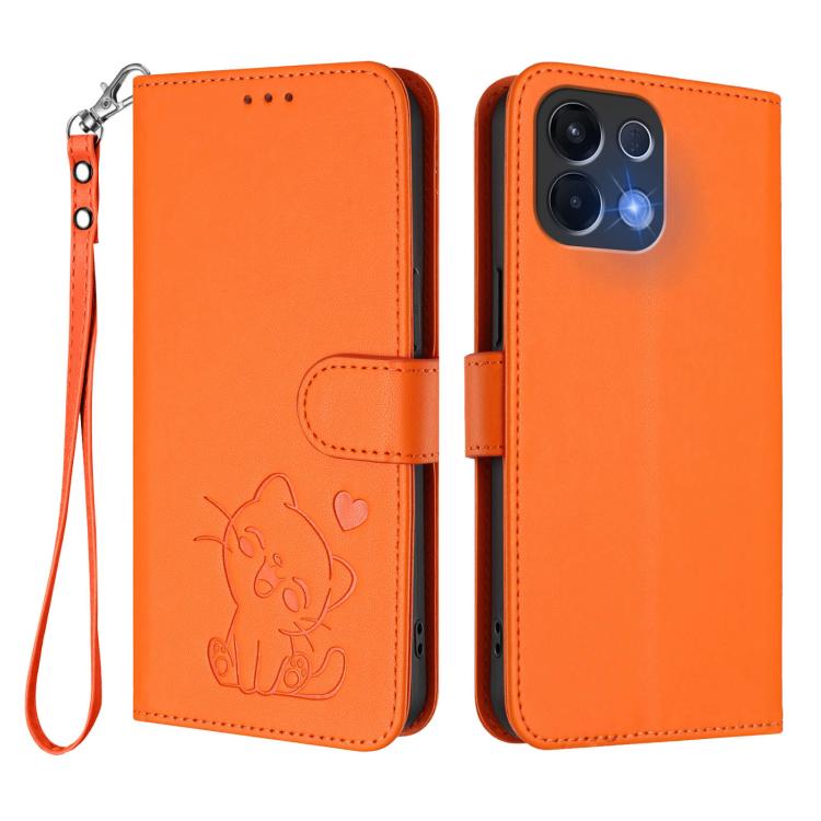 For OPPO K13 India Embossed Heart Cat Leather Phone Case with Hand Strap