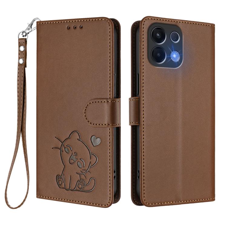 For OPPO K13 India Embossed Heart Cat Leather Phone Case with Hand Strap