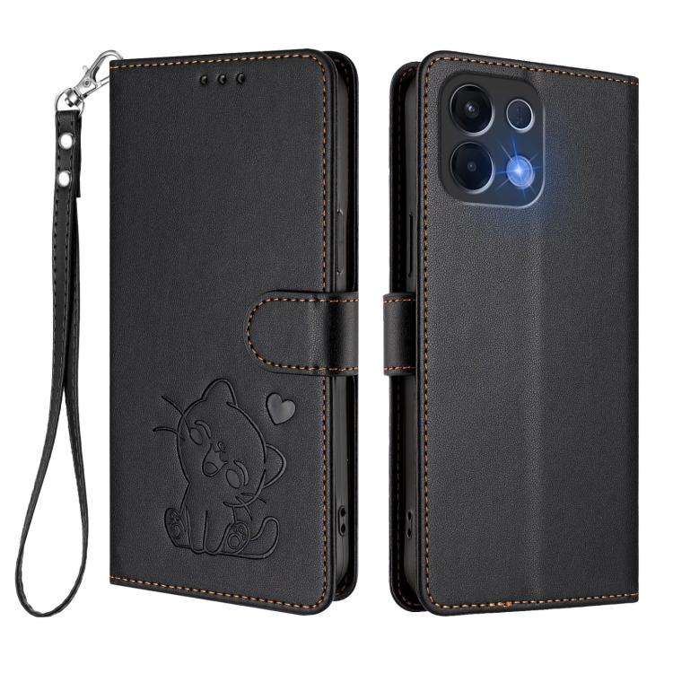 For OPPO K13 India Embossed Heart Cat Leather Phone Case with Hand Strap