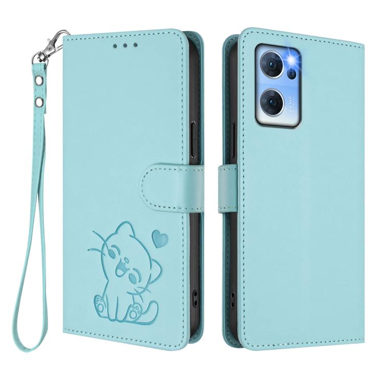 For OPPO Reno7 5G Global / Find X5 Lite Embossed Heart Cat Leather Phone Case with Hand Strap