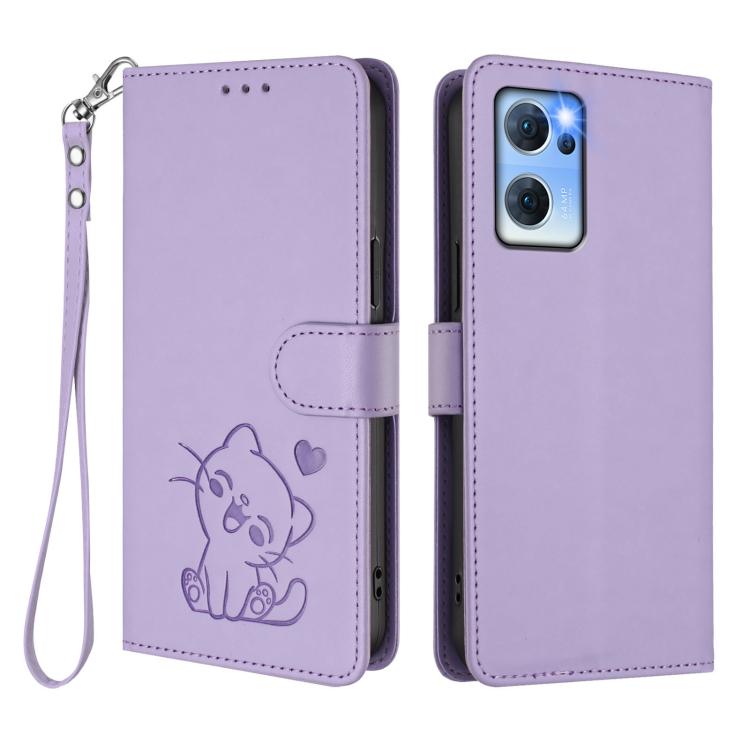 For OPPO Reno7 5G Global / Find X5 Lite Embossed Heart Cat Leather Phone Case with Hand Strap