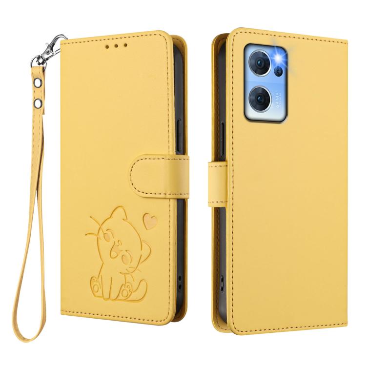 For OPPO Reno7 5G Global / Find X5 Lite Embossed Heart Cat Leather Phone Case with Hand Strap