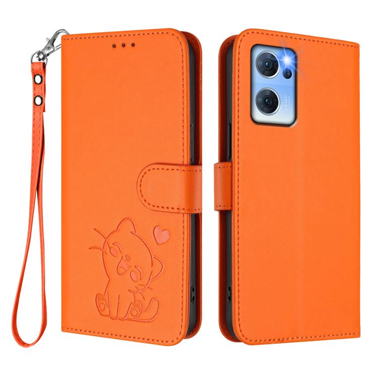 For OPPO Reno7 5G Global / Find X5 Lite Embossed Heart Cat Leather Phone Case with Hand Strap