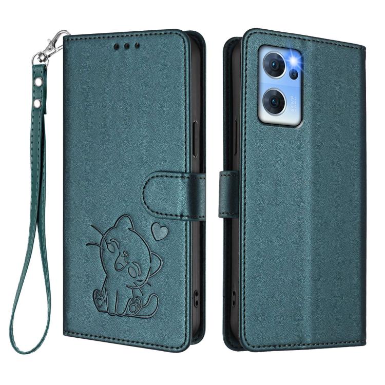 For OPPO Reno7 5G Global / Find X5 Lite Embossed Heart Cat Leather Phone Case with Hand Strap