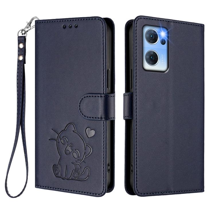 For OPPO Reno7 5G Global / Find X5 Lite Embossed Heart Cat Leather Phone Case with Hand Strap