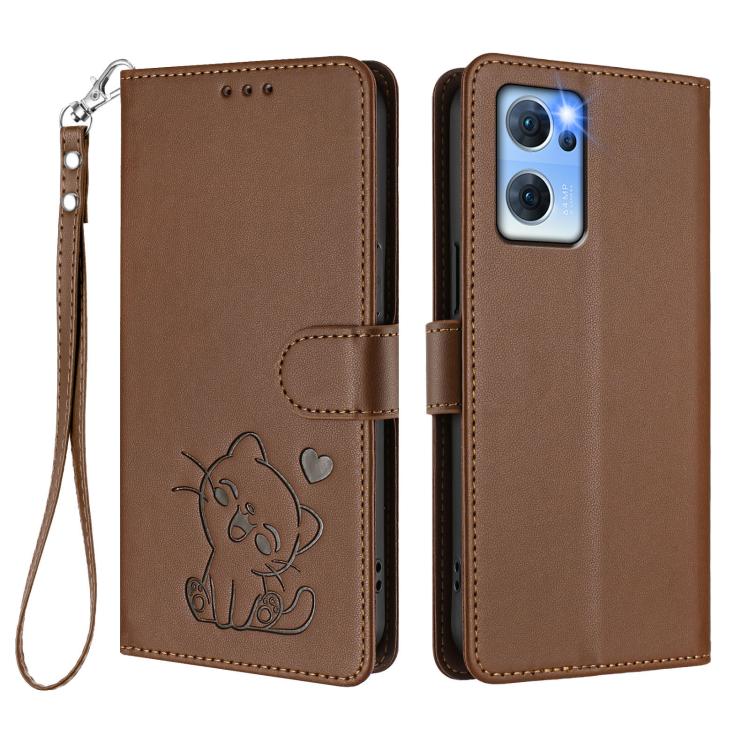 For OPPO Reno7 5G Global / Find X5 Lite Embossed Heart Cat Leather Phone Case with Hand Strap