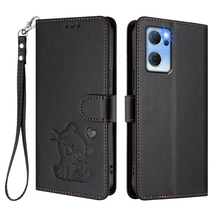 For OPPO Reno7 5G Global / Find X5 Lite Embossed Heart Cat Leather Phone Case with Hand Strap