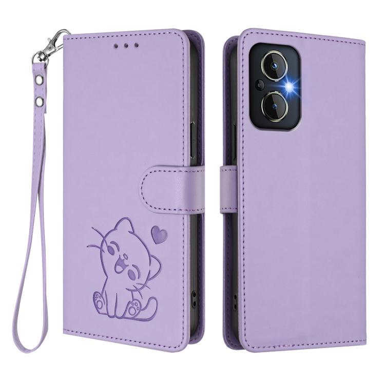 For OPPO Reno8 4G / Reno7 4G Global Embossed Heart Cat Leather Phone Case with Hand Strap