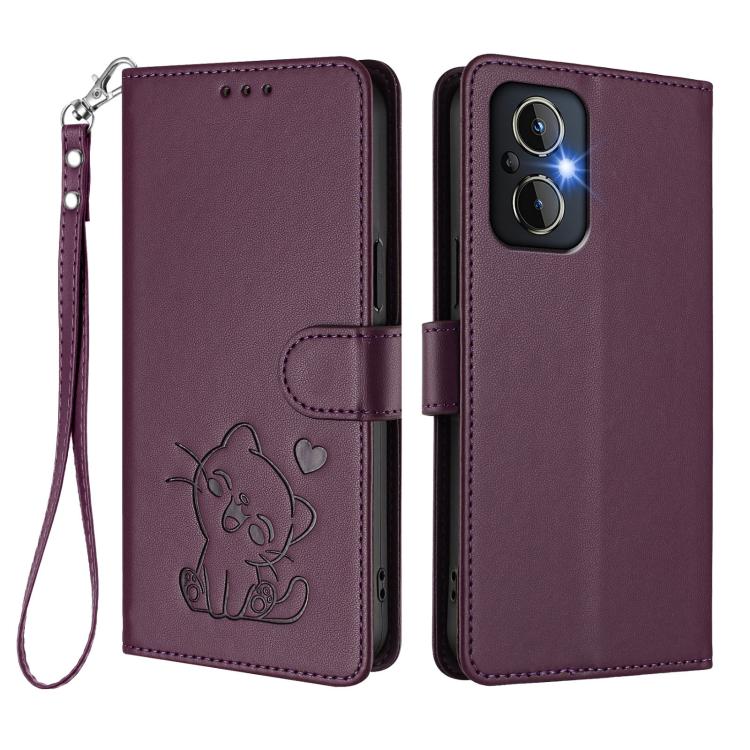 For OPPO Reno8 4G / Reno7 4G Global Embossed Heart Cat Leather Phone Case with Hand Strap