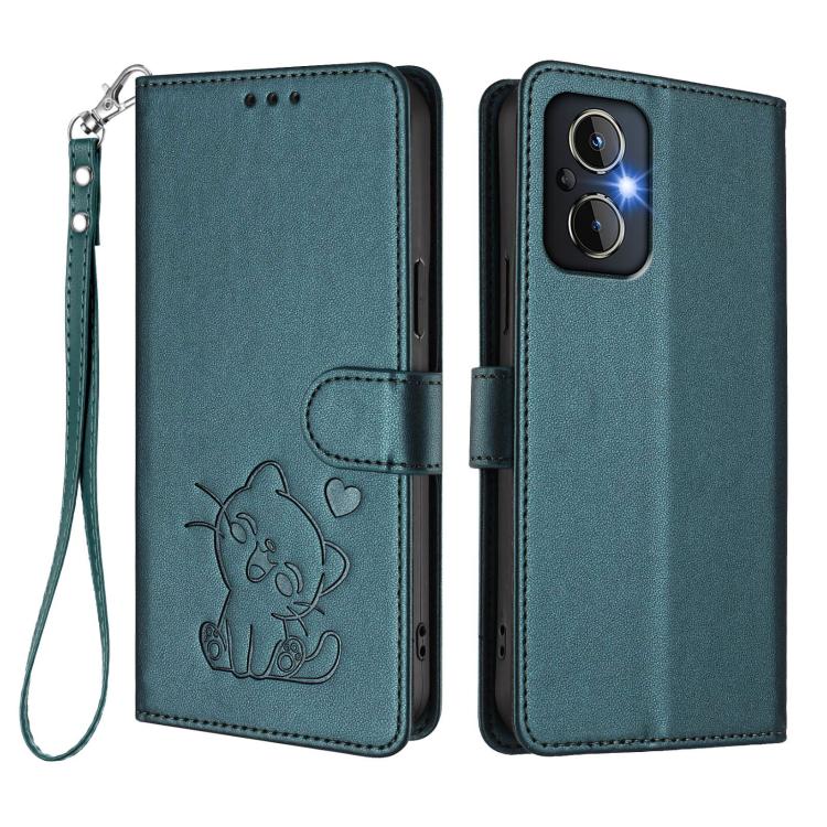 For OPPO Reno8 4G / Reno7 4G Global Embossed Heart Cat Leather Phone Case with Hand Strap