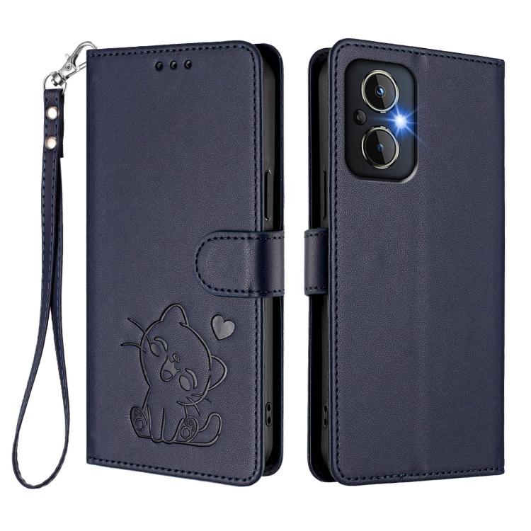 For OPPO Reno8 4G / Reno7 4G Global Embossed Heart Cat Leather Phone Case with Hand Strap