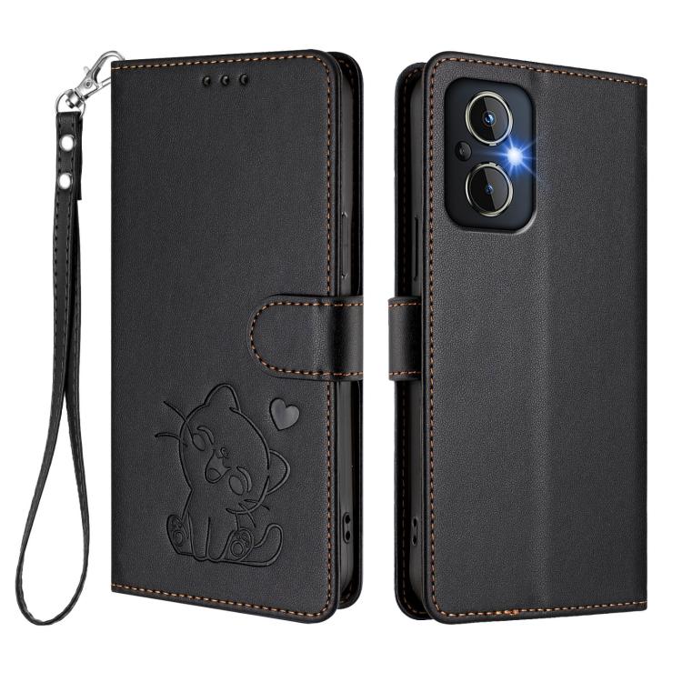 For OPPO Reno8 4G / Reno7 4G Global Embossed Heart Cat Leather Phone Case with Hand Strap