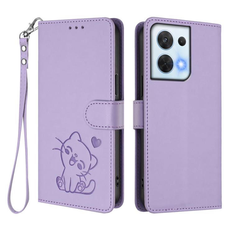 For OPPO Reno8 5G Embossed Heart Cat Leather Phone Case with Hand Strap