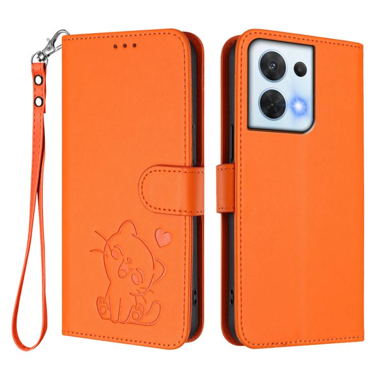 For OPPO Reno8 5G Embossed Heart Cat Leather Phone Case with Hand Strap