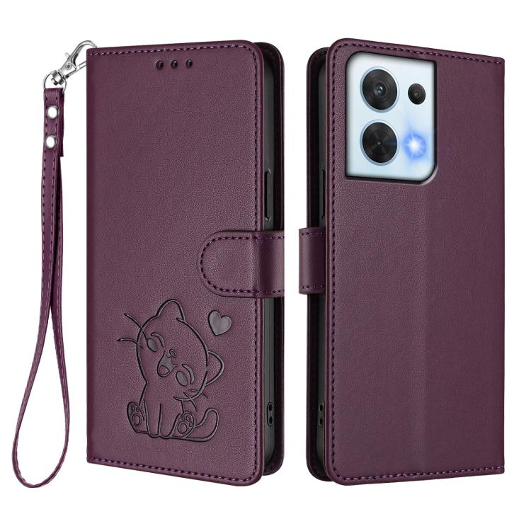 For OPPO Reno8 5G Embossed Heart Cat Leather Phone Case with Hand Strap