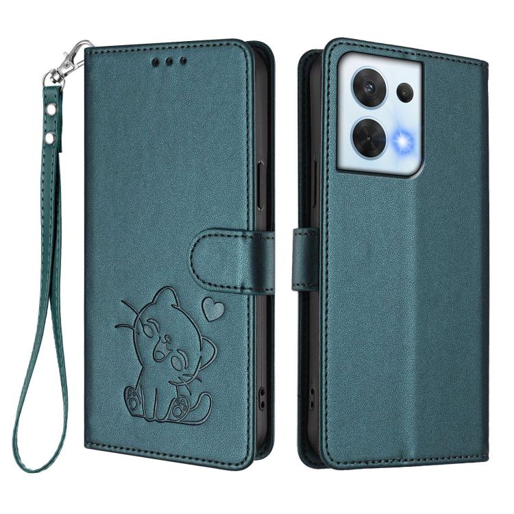 For OPPO Reno8 5G Embossed Heart Cat Leather Phone Case with Hand Strap