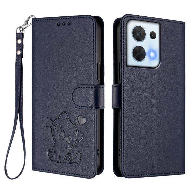 For OPPO Reno8 5G Embossed Heart Cat Leather Phone Case with Hand Strap