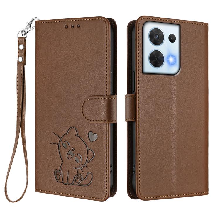 For OPPO Reno8 5G Embossed Heart Cat Leather Phone Case with Hand Strap