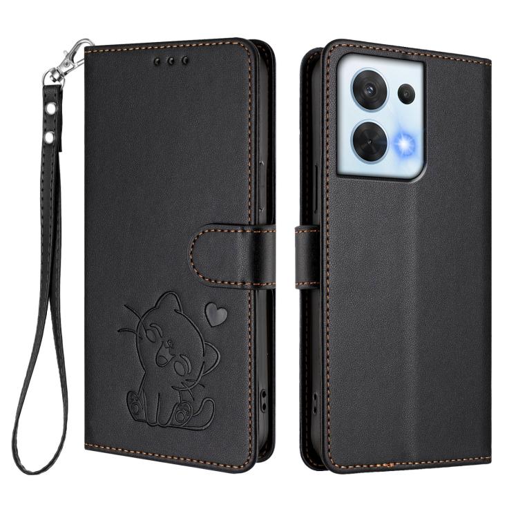 For OPPO Reno8 5G Embossed Heart Cat Leather Phone Case with Hand Strap