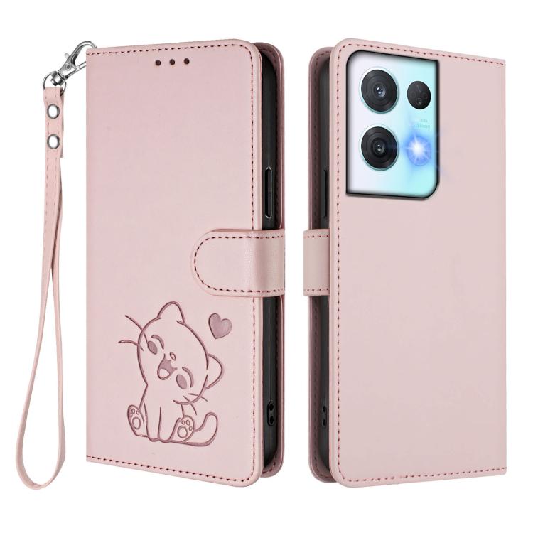 For OPPO Reno8 Pro 5G Embossed Heart Cat Leather Phone Case with Hand Strap