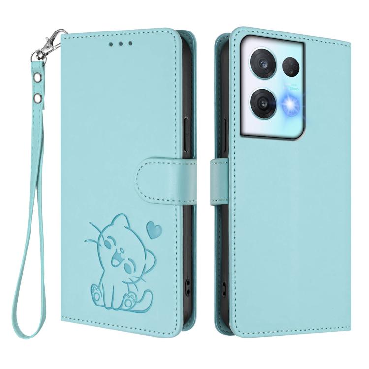 For OPPO Reno8 Pro 5G Embossed Heart Cat Leather Phone Case with Hand Strap