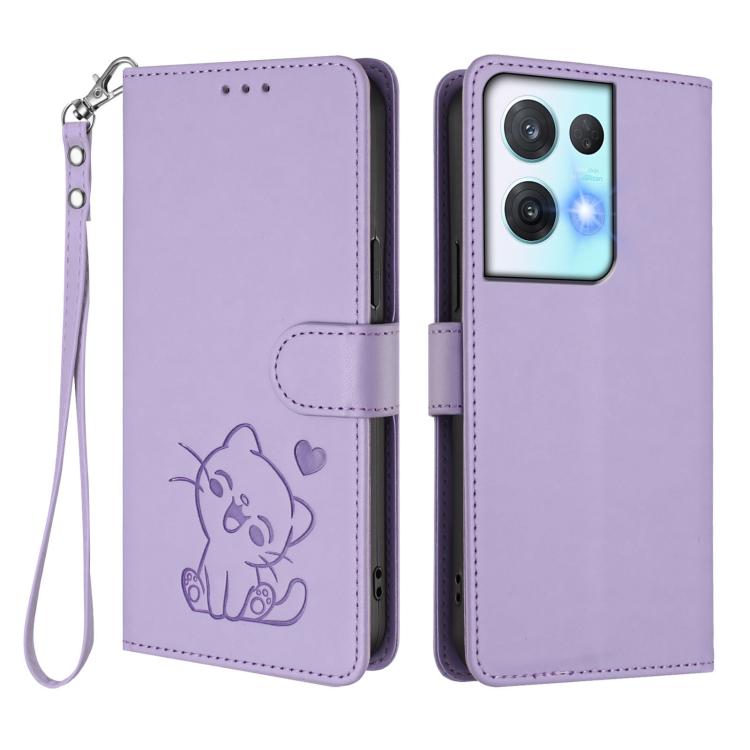 For OPPO Reno8 Pro 5G Embossed Heart Cat Leather Phone Case with Hand Strap