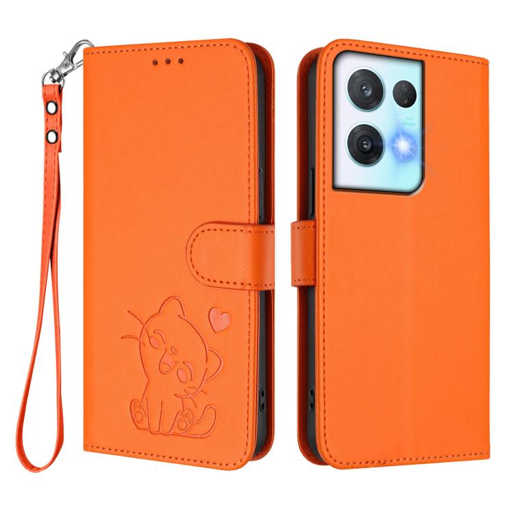 For OPPO Reno8 Pro 5G Embossed Heart Cat Leather Phone Case with Hand Strap