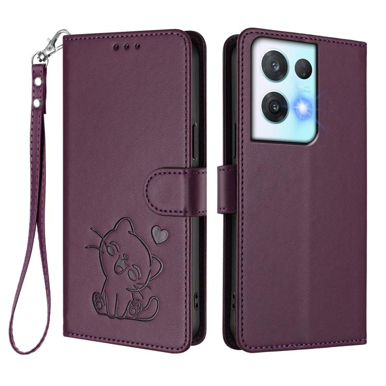 For OPPO Reno8 Pro 5G Embossed Heart Cat Leather Phone Case with Hand Strap