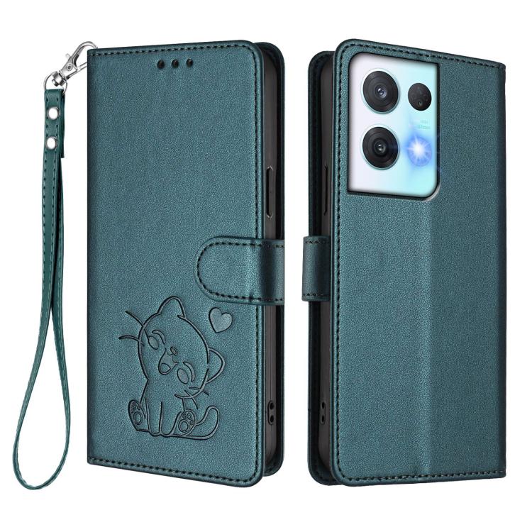 For OPPO Reno8 Pro 5G Embossed Heart Cat Leather Phone Case with Hand Strap