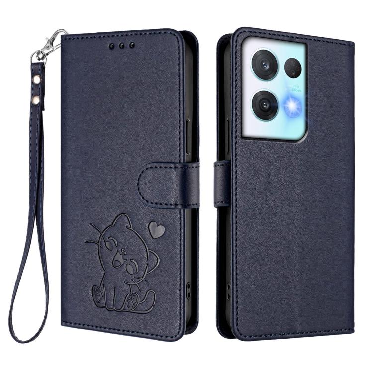 For OPPO Reno8 Pro 5G Embossed Heart Cat Leather Phone Case with Hand Strap