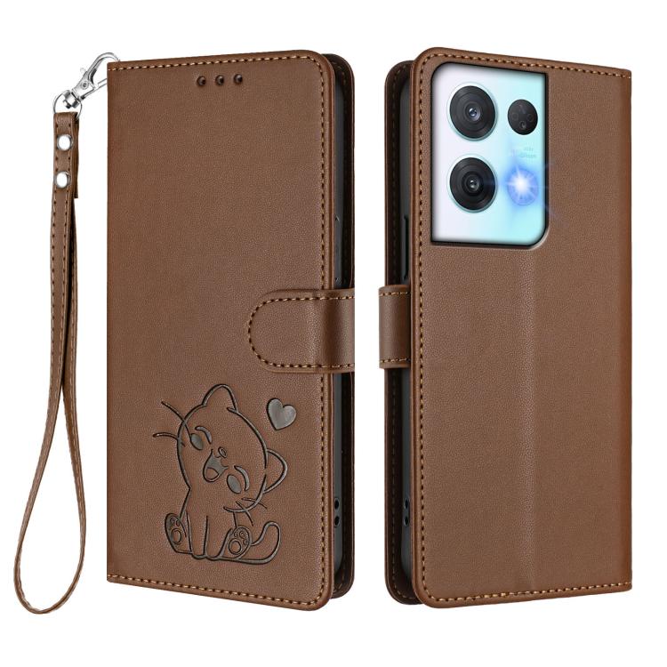 For OPPO Reno8 Pro 5G Embossed Heart Cat Leather Phone Case with Hand Strap