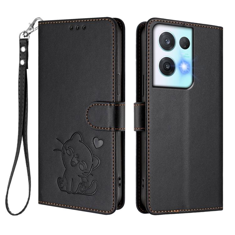 For OPPO Reno8 Pro 5G Embossed Heart Cat Leather Phone Case with Hand Strap